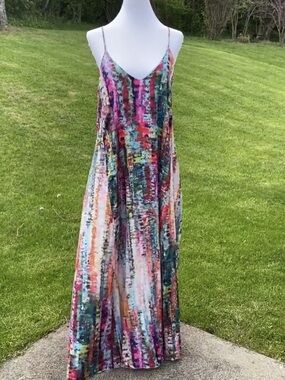 Multicolor Abstract Stripe Maxi Dress with Thin Straps